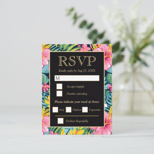  Bright Tropical Preppy Flowers Wedding 出欠カード (スタンド正面)