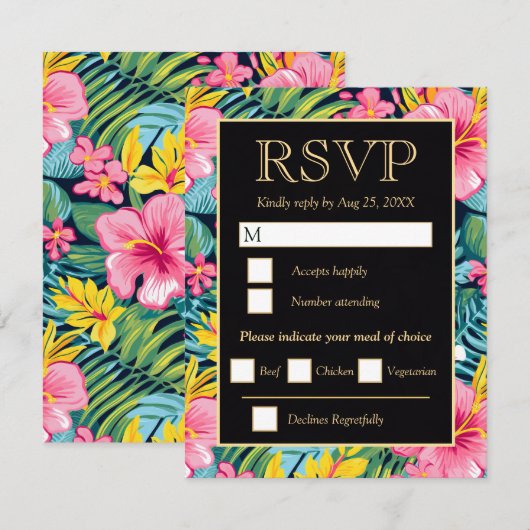  Bright Tropical Preppy Flowers Wedding 出欠カード (正面/裏面)