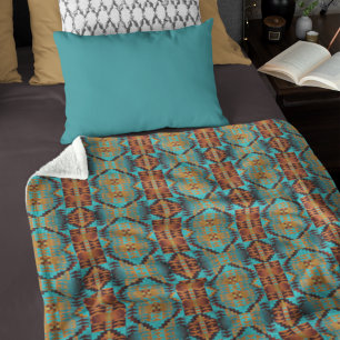 Bright Turquoise Teal Aqua Blue Orange Tribal Art フリースブランケット