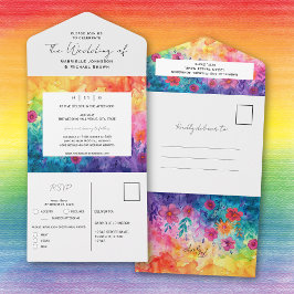 Bright Watercolor Gradient Meadow Flowers ウェディング  オールインワン招待状
