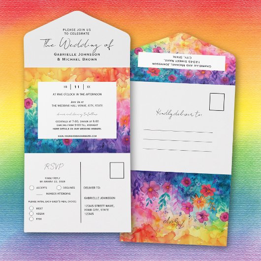 Bright Watercolor Gradient Meadow Flowers ウェディング  オールインワン招待状