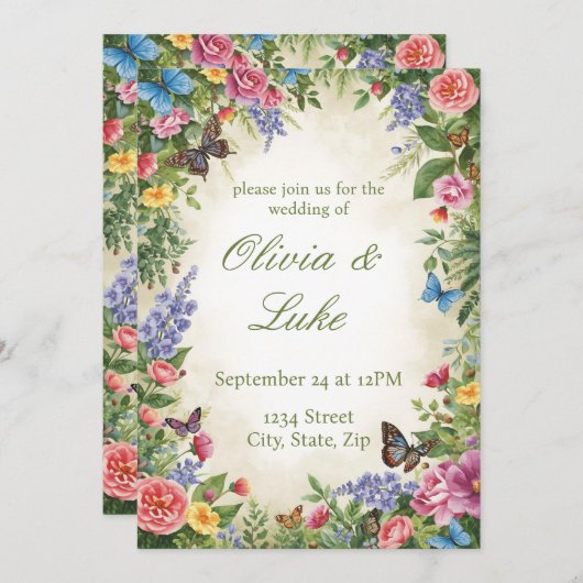Bright Watercolor Wildflower Wedding Invitation 招待状 (正面/裏面)