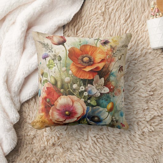 Bright Watercolor Wildflowers クッション (ブランケット)