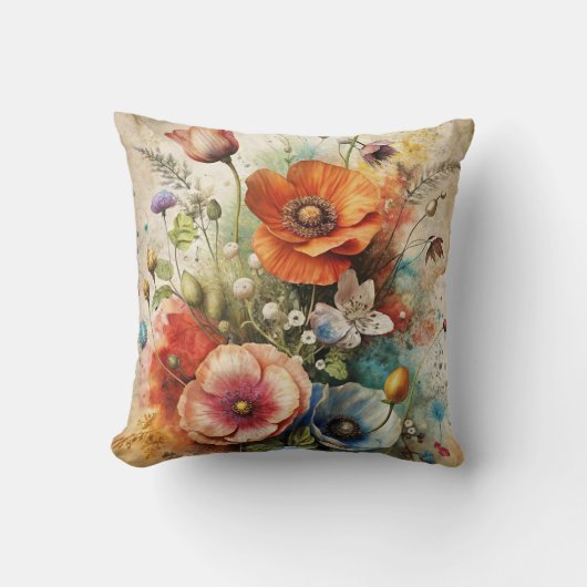 Bright Watercolor Wildflowers クッション (正面)