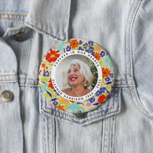 Bright Wildflower Memorial Photo Frame with Text 缶バッジ (インサイチュ)