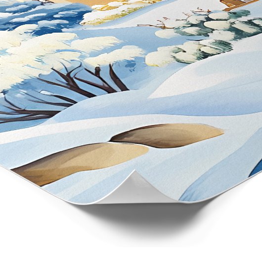 Bright Winter Village with Snowy Hills and Trees ポスター (角)