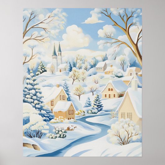 Bright Winter Village with Snowy Hills and Trees ポスター (正面)