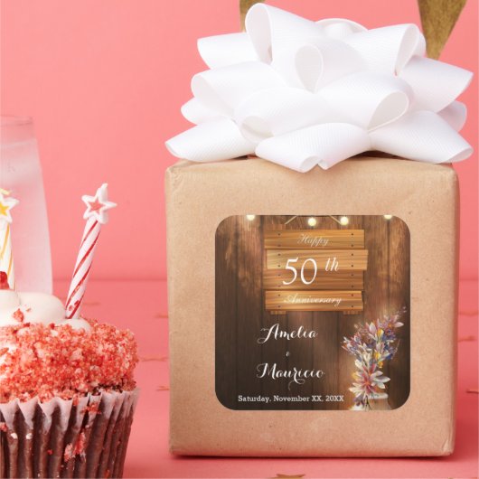 Bright Wooden 50th 結婚's Anniversary Stickers スクエアシール (パーティー)