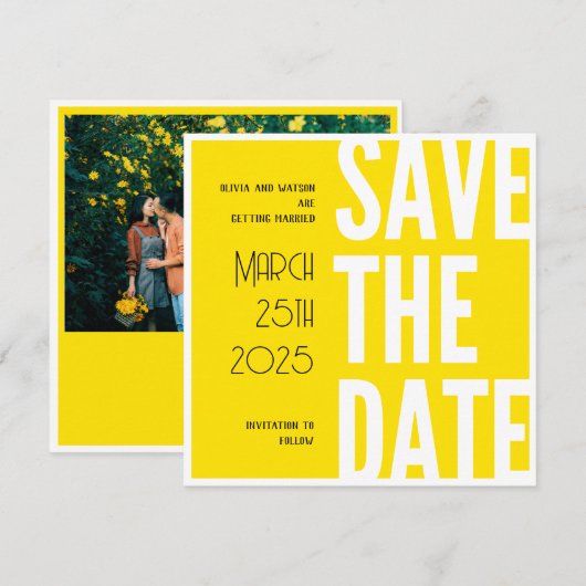 Bright Yellow日付の保存 招待状 (正面/裏面)