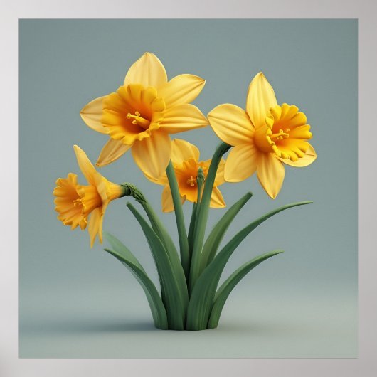 Bright Yellow Daffodils Bouquet With Green Leaves ポスター (正面)