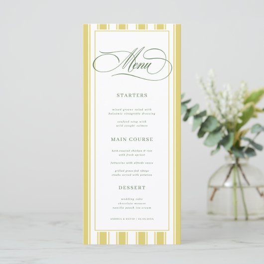 Bright Yellow Green Zesty Stripes Classic Wedding メニュー (スタンド正面)