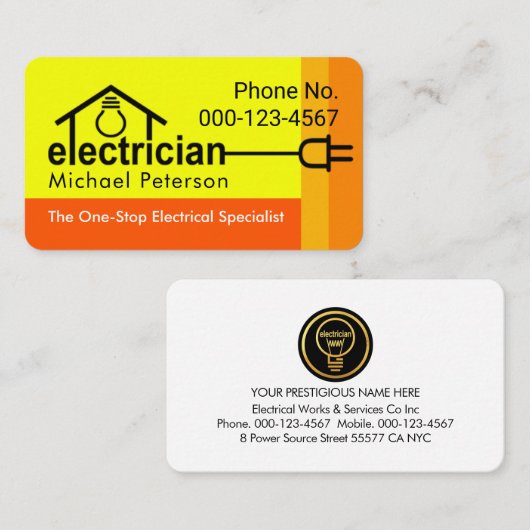 Bright Yellow Home Electrician Bulb Wiring 名刺 (正面/裏面)