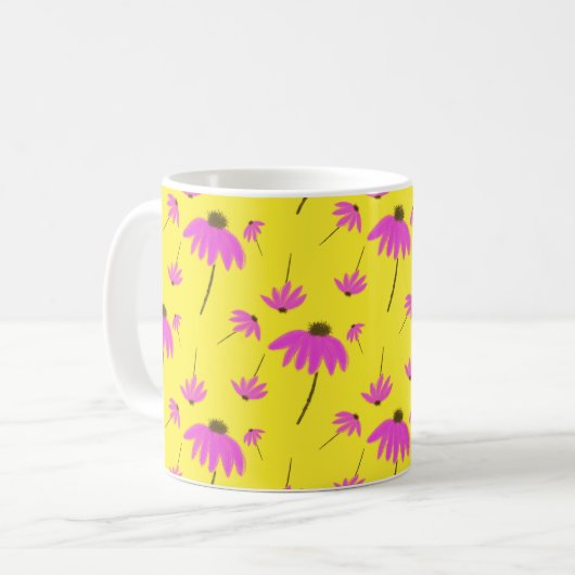 Bright Yellow Mug with Pink Flowers コーヒーマグカップ (正面左)
