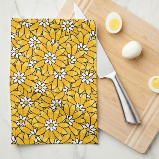 Bright Yellow Overlapping Floral Pattern キッチンタオル (四つ折り)