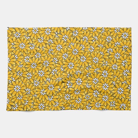 Bright Yellow Overlapping Floral Pattern キッチンタオル (横)