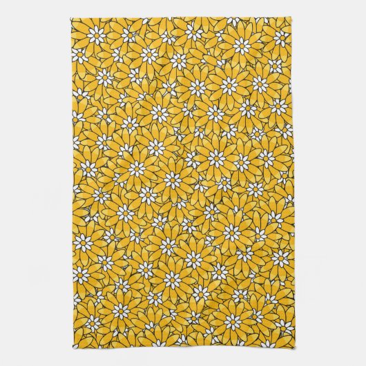 Bright Yellow Overlapping Floral Pattern キッチンタオル (縦)