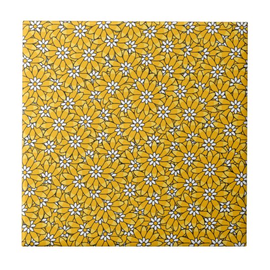 Bright Yellow Overlapping Floral Pattern タイル (正面)