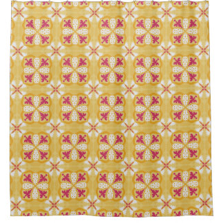 bright yellow pattern with red and white floral シャワーカーテン