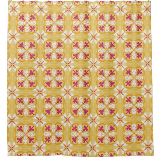 bright yellow pattern with red and white floral シャワーカーテン (正面)