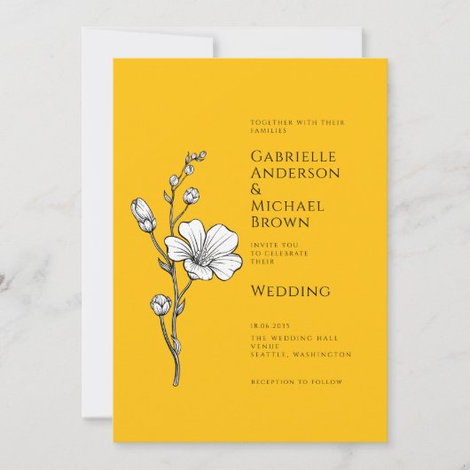 Bright Yellow Vintage Retro Floral Wedding  招待状 (正面)