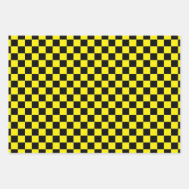 Bright Yellow with Black Square Pattern Style ラッピングペーパーシート