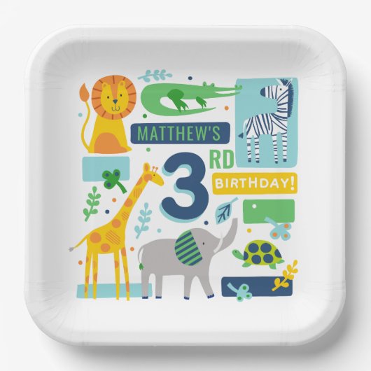Bright Zoo Jungle Animals Birthday PARTY PLATE 9" ペーパープレート (正面)