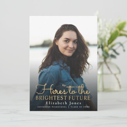 Brightest Future金ゴールドスクリプトの卒業写真 案内状 (スタンド正面)