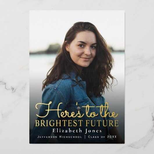 Brightest Future金ゴールドスクリプトの卒業写真 箔招待状 (正面)