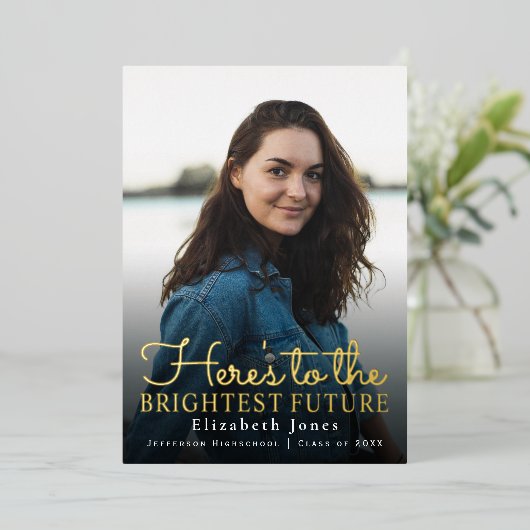 Brightest Future金ゴールドスクリプトの卒業写真 箔招待状 (立ち正面)