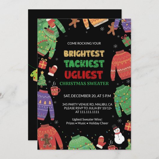Brightest Tacky Ugly Sweater Christmas Party 招待状 (正面/裏面)