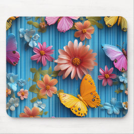 BRIGHTLY COLORED FLOWERS AND BUTTERFLIES マウスパッド