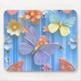 BRIGHTLY COLORED FLOWERS AND BUTTERFLIES マウスパッド