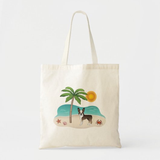 Brindle Boston Terrier At A Tropical Summer Beach トートバッグ (正面)