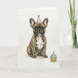 Brindle French Bulldog Birthday Party Hat Cupcake カード