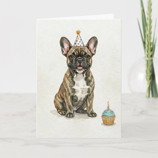 Brindle French Bulldog Birthday Party Hat Cupcake カード (正面)
