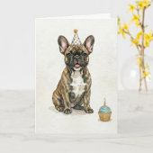 Brindle French Bulldog Birthday Party Hat Cupcake カード (黄色い花)