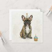 Brindle French Bulldog Birthday Party Hat Cupcake カード (正面/裏面インサイチュ)