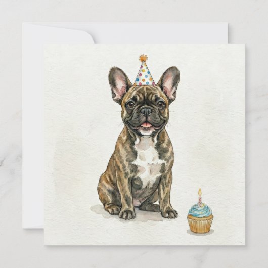 Brindle French Bulldog Birthday Party Hat Cupcake カード (正面)