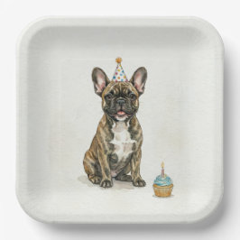 Brindle French Bulldog Birthday Party Hat Cupcake ペーパープレート