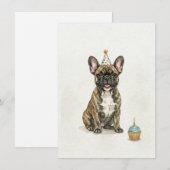Brindle French Bulldog Birthday Party Hat Cupcake 招待状 (正面/裏面)