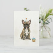 Brindle French Bulldog Birthday Party Hat Cupcake 招待状 (スタンド正面)