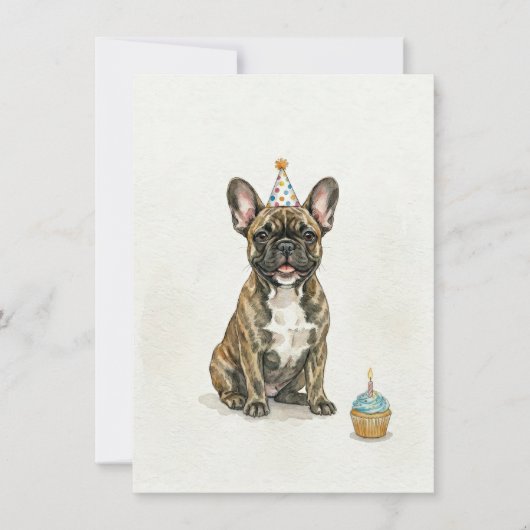 Brindle French Bulldog Birthday Party Hat Cupcake 招待状 (正面)