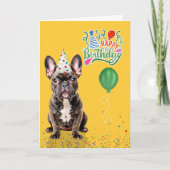 Brindle French Bulldog Party Hat Yellow Birthday カード (正面)