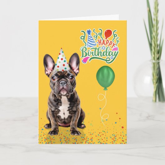 Brindle French Bulldog Party Hat Yellow Birthday カード (正面)