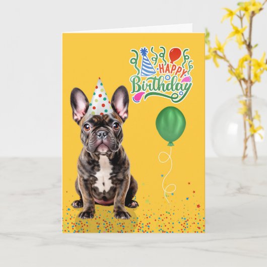 Brindle French Bulldog Party Hat Yellow Birthday カード (黄色い花)
