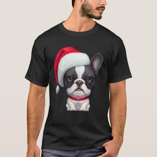 Brindle Pied French Bulldog in Santa Hat Christmas Tシャツ (正面)