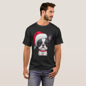 Brindle Pied French Bulldog in Santa Hat Christmas Tシャツ (正面フル)
