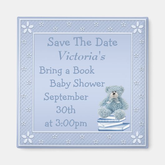 Bring a book Blue Teddy Baby Shower日付を保存 マグネット (正面)