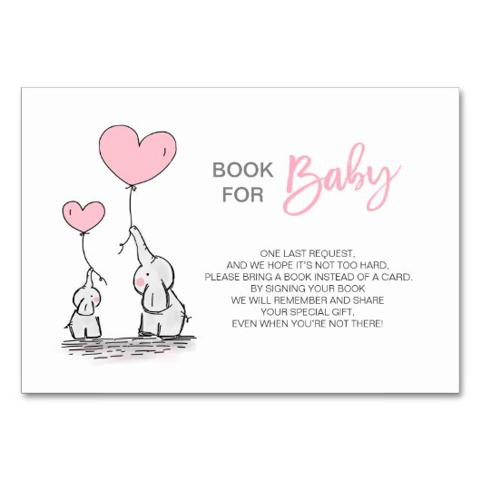 Bring a Book - Elephant Pink Girl Baby Shower テーブルナンバー (正面)