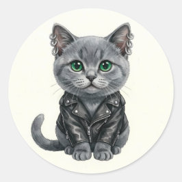 British Blue Punk Cat in Leather Jacket Sticker ラウンドシール
